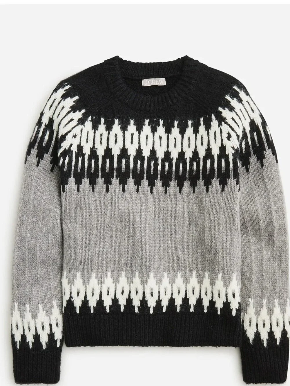 J. Crew Women’s Black, Gray & White Fair Isle Crewneck Wool & Alpaca Sweater XS